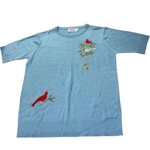 Vintage Bonnie Lee Blue Knit Sweater Cardinal Bird Embroidered Clock Medium 38